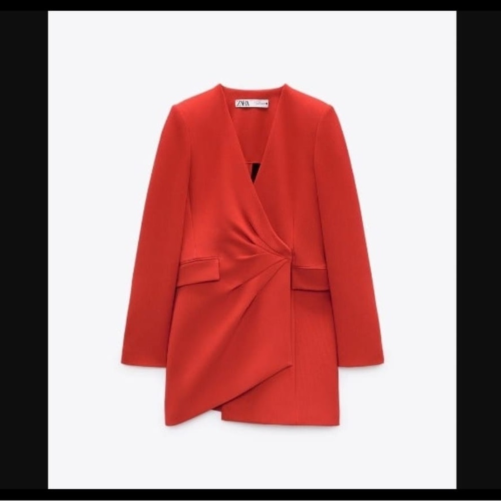 Zara Draped Blazer Red Dress. Size Small in Green color. - Picture 5 of 8